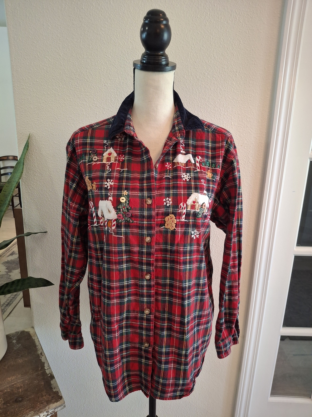 Vintage Cottagecore Christmaw Red Plaid Embroidered Button-Down Shirt